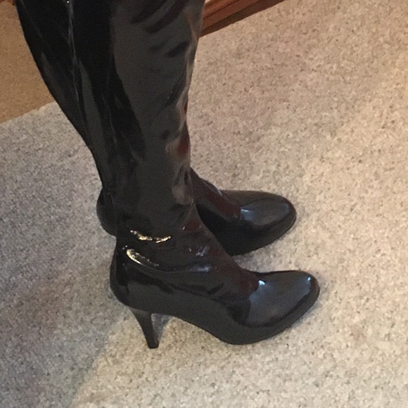 Bewitching Sexy Black Thigh High Patent Vinyl High Heel Boots Spirit Halloween - Picture 11 of 16